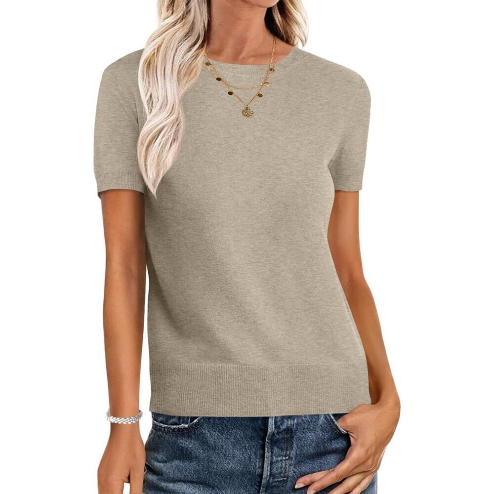 Women’s Wool Blend Crew Neck Short Sleeve Sweater Work Casual Top